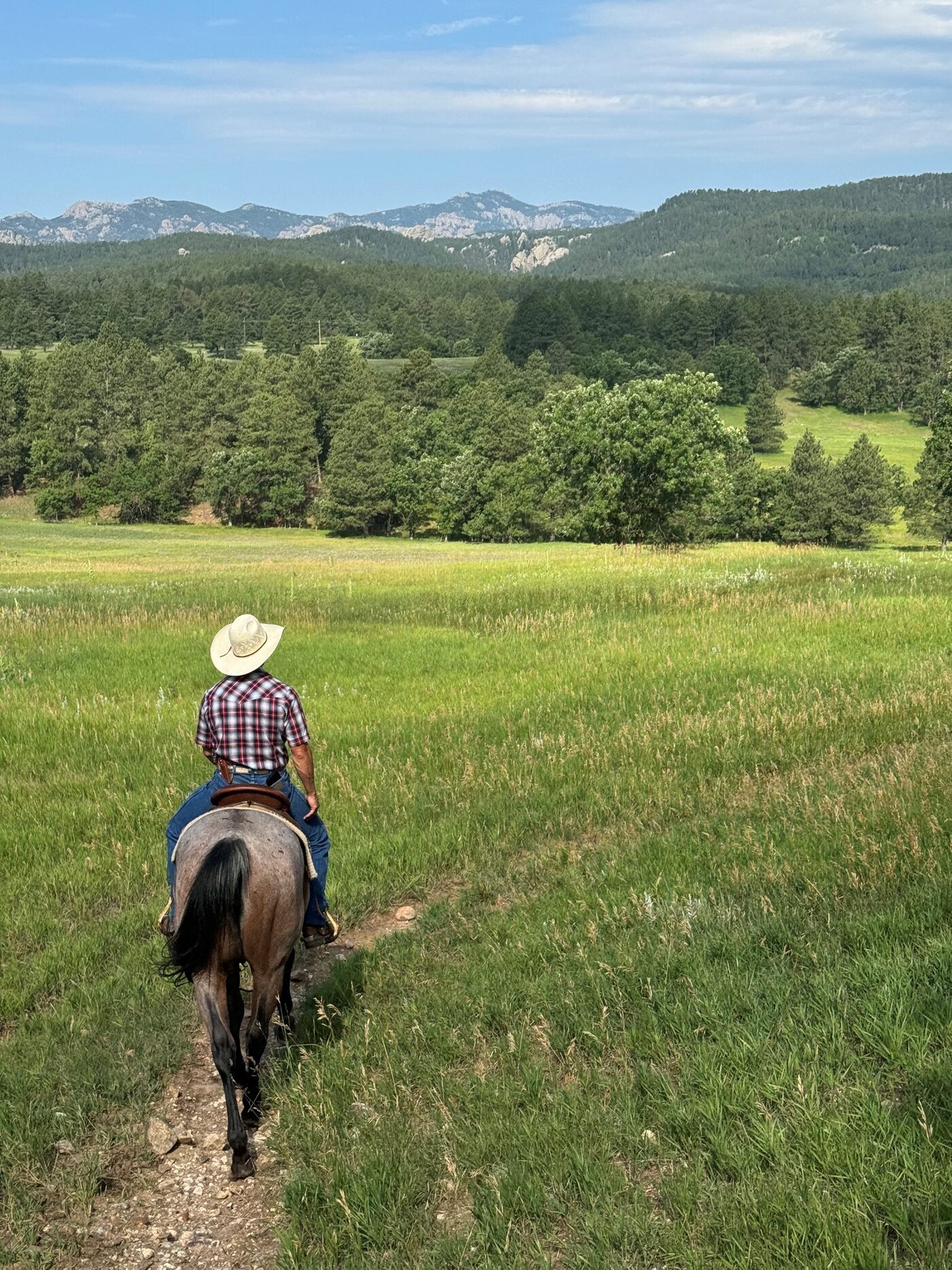 Jon Anderson riding through a mountain meadow